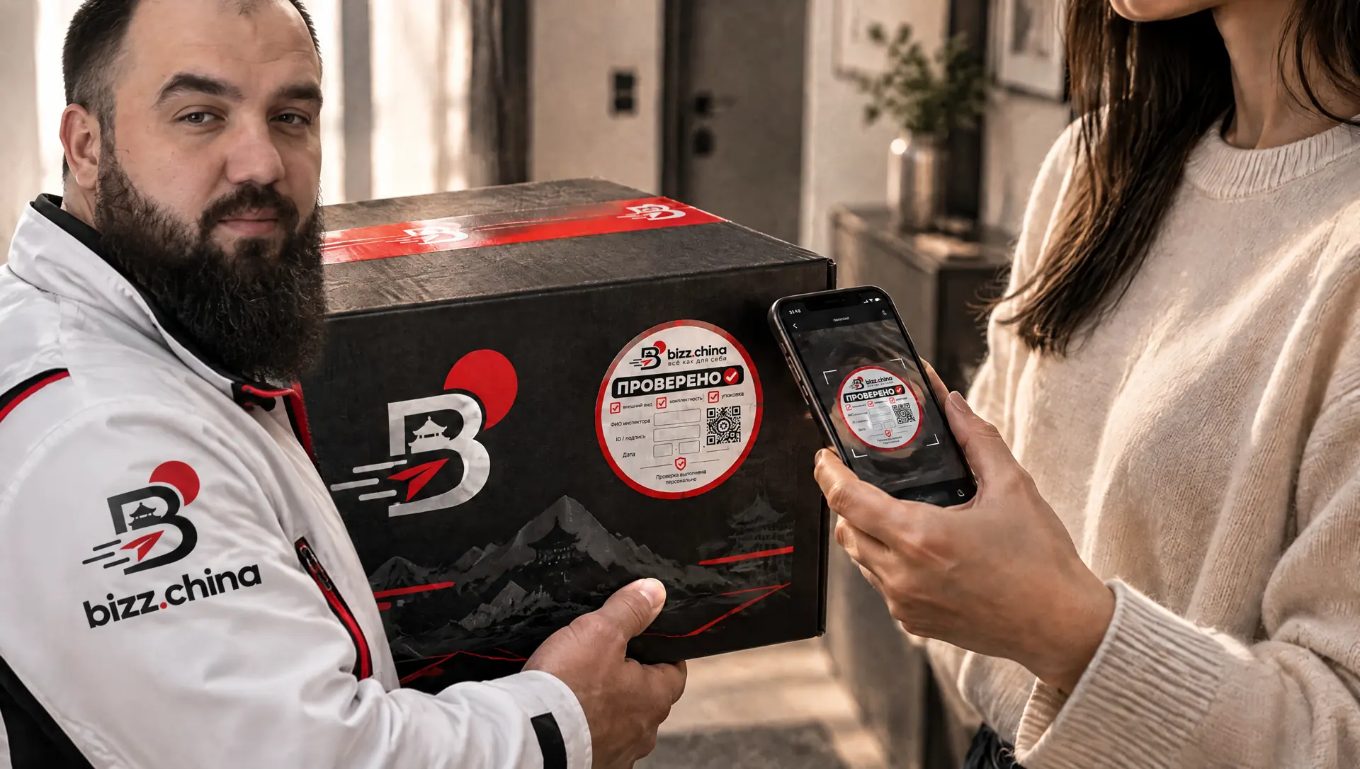 A client scanning the QR code on the sticker when receiving a box