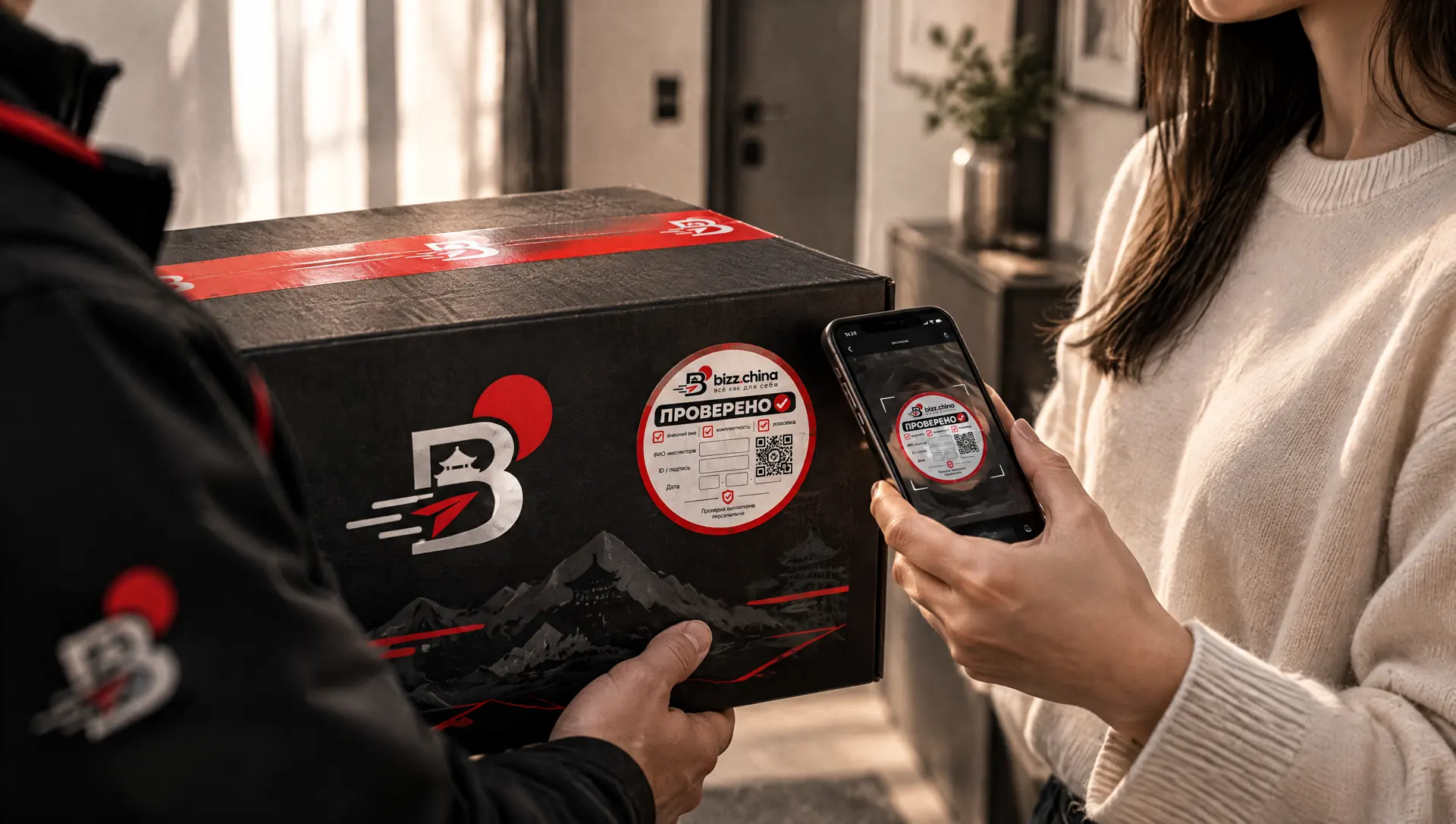 A client scanning the QR code on the sticker when receiving a box