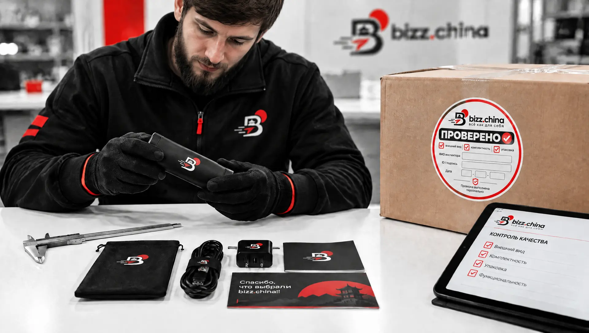 An inspector checking a device; the box carries the “ПРОВЕРЕНО” sticker