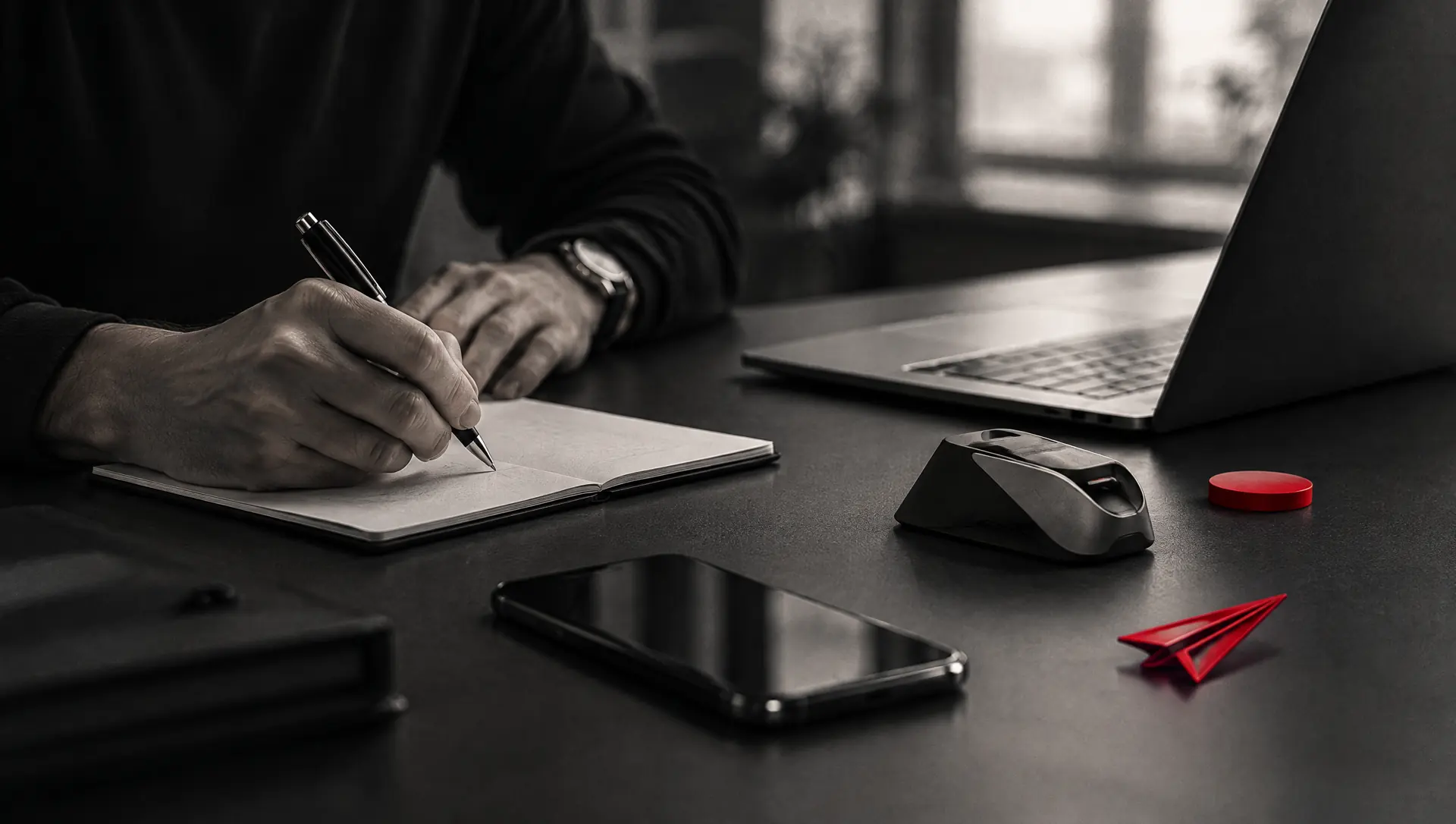An entrepreneur's hands writing a request at a desk