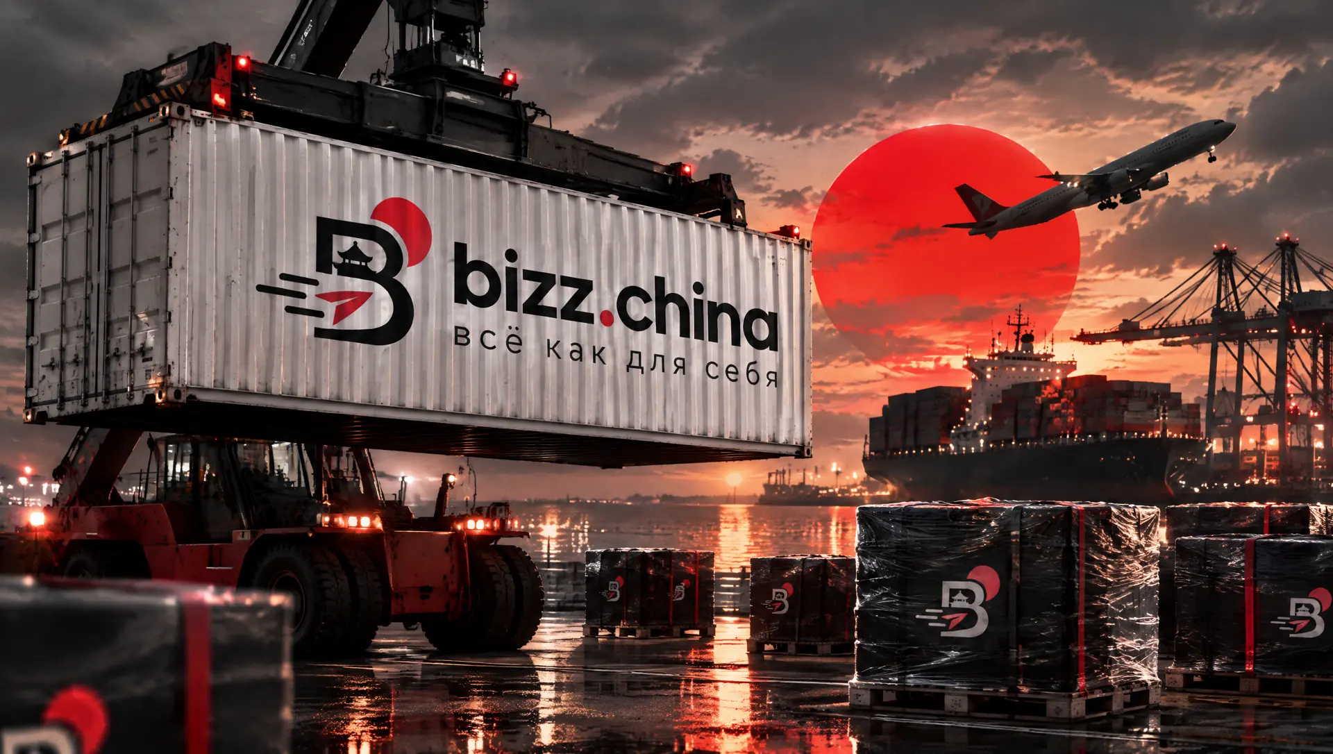 A BIZZ.CHINA container being loaded at a port in front of a red sun
