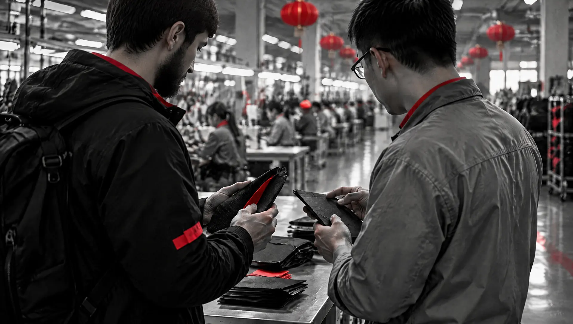 An agent and a supplier examining samples at a factory in Guangzhou