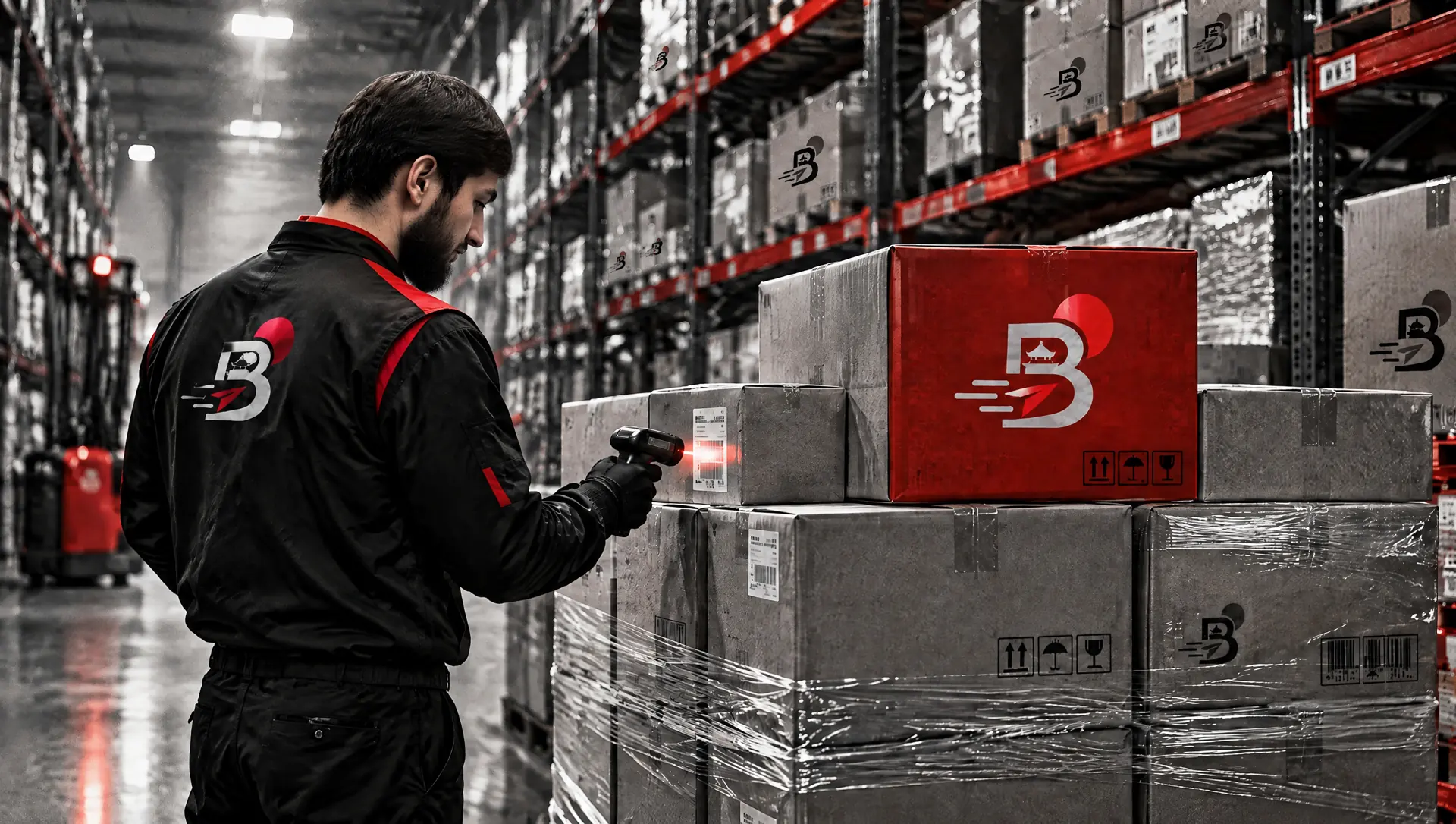 A warehouse worker scanning boxes on a pallet