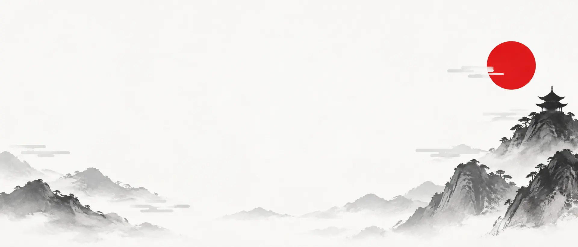 Misty mountains, a pagoda and a red sun