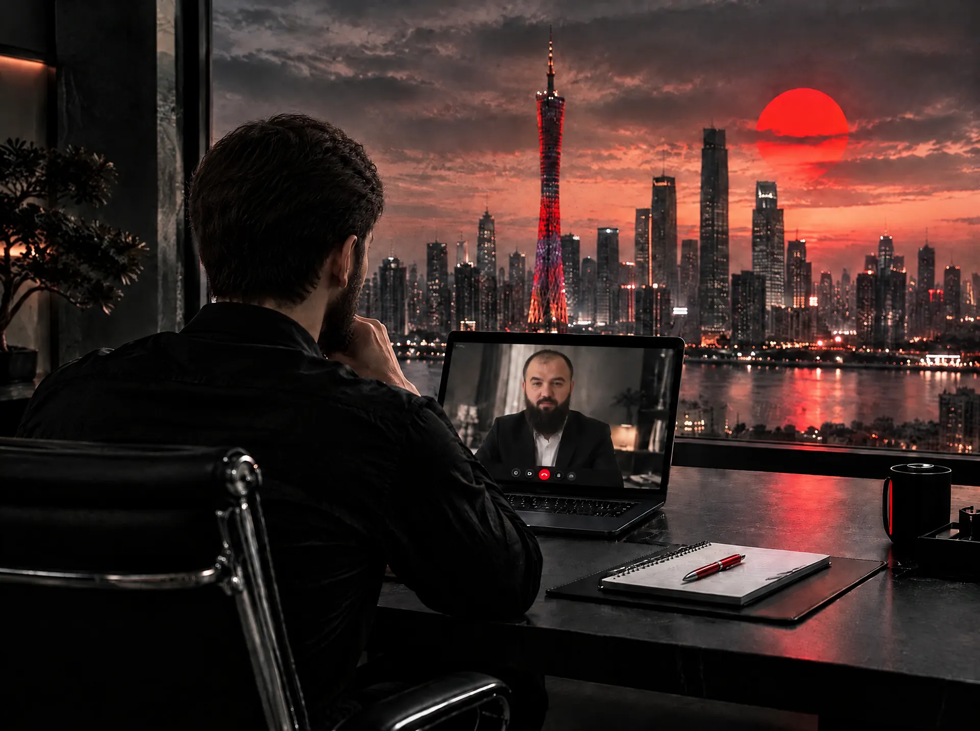 A BIZZ.CHINA manager on a video call with a client, Guangzhou outside the window