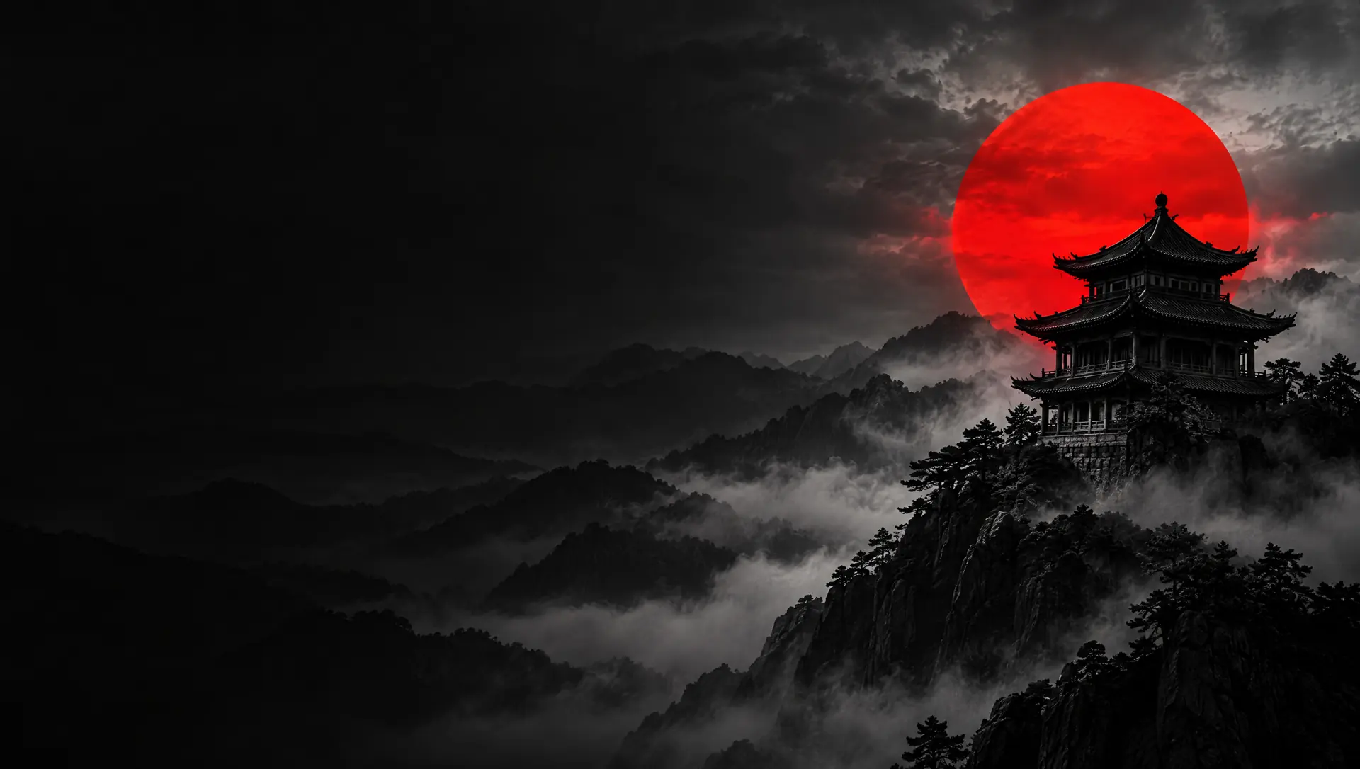 A pagoda on a mountain ridge in front of a red sun