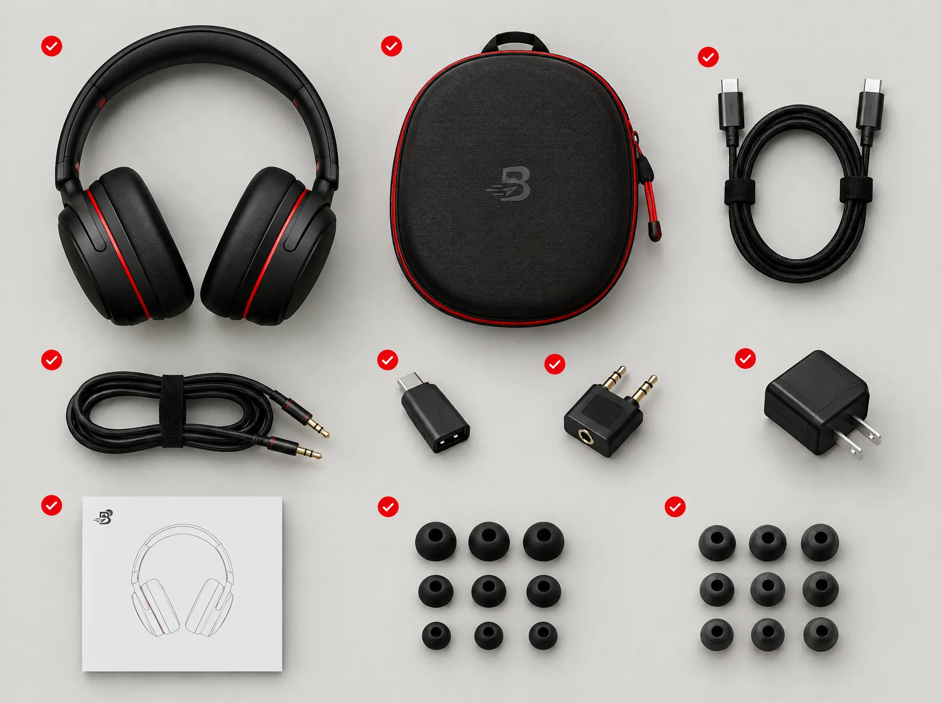 Kit layout: headphones, case, cables and adapters