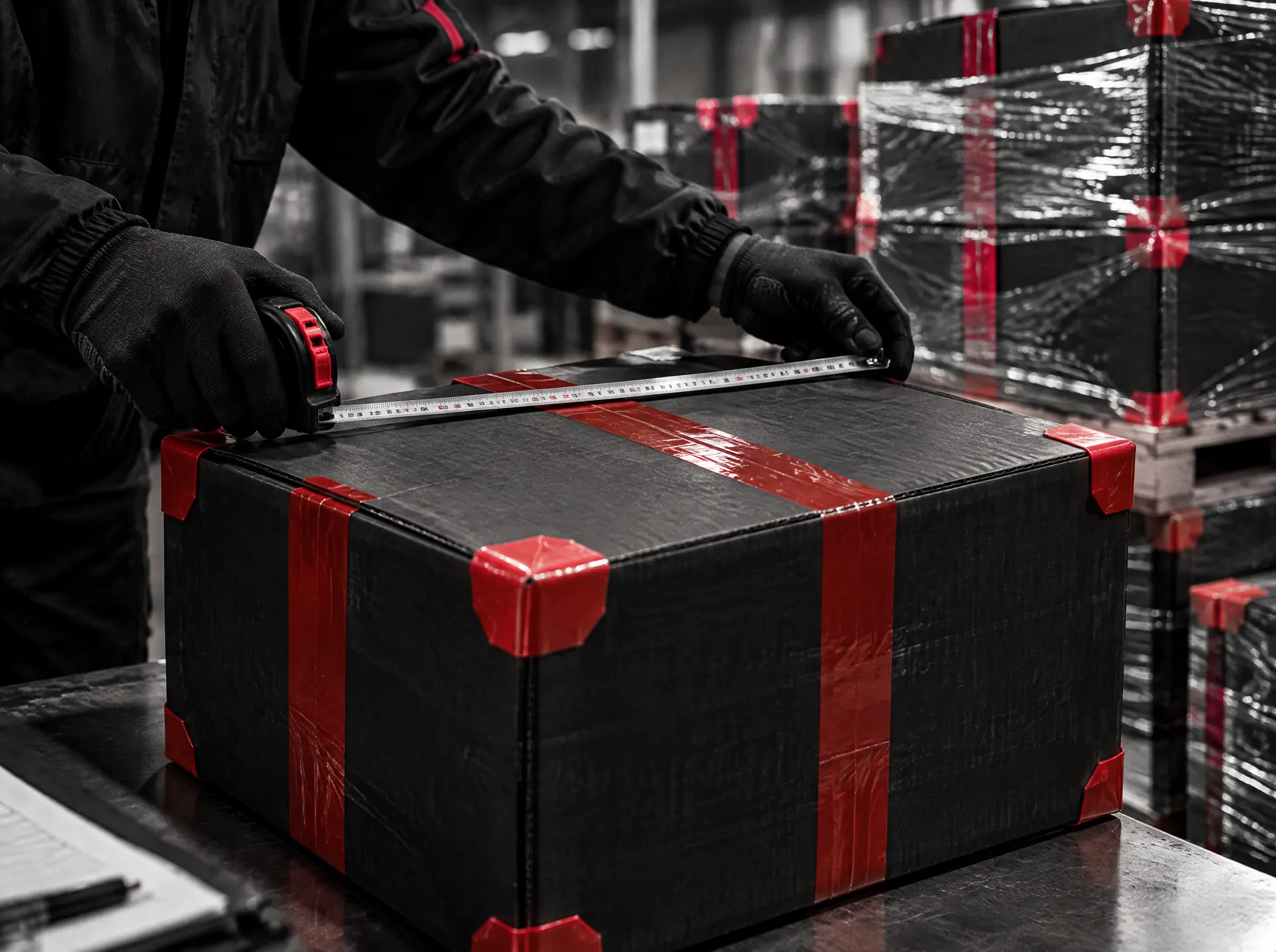 Measuring and checking a packed box with red tape